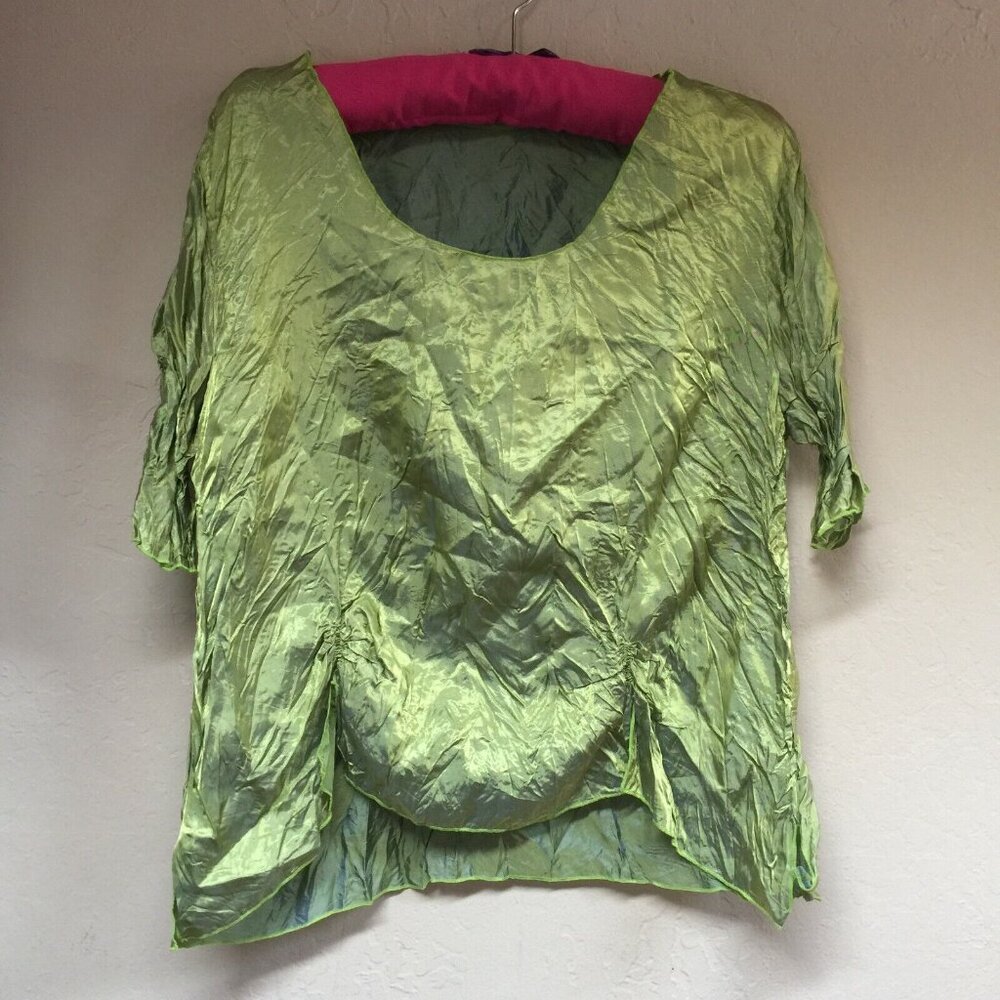 Hanna for La Journee Womens Scoop Neck Green Crinkle Shiny Top Blouse Size 1 New